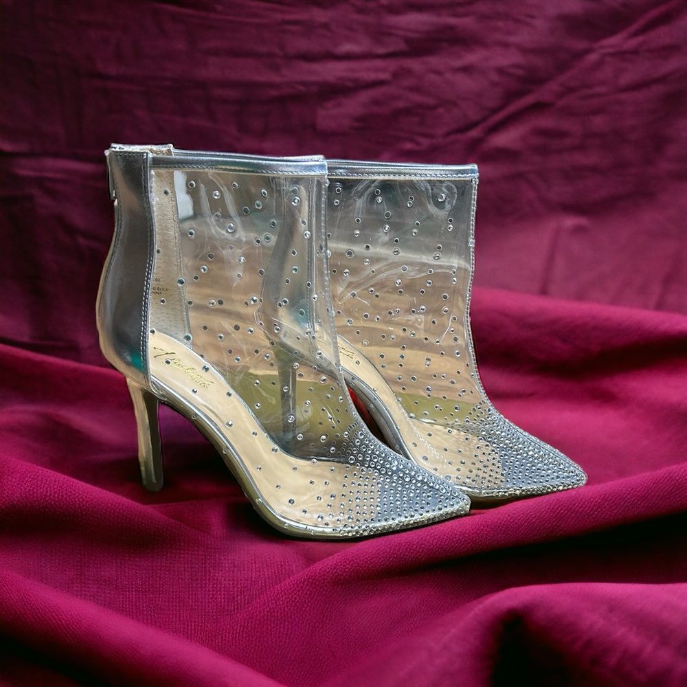 ✨NWT✨THALIA SODI Silver Translucent Rhinestone PointToe Stiletto Booties, Sz 8.5 - Picture 2 of 9